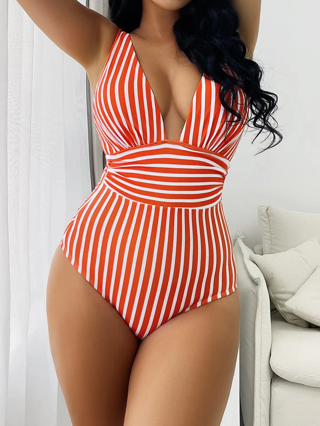 2023 Striped One Piece Swimsuit Vintage Swimwear Women V-neck Bathing Swimming Suit Female Summer Beachwear Bodysuit - Too-Eazy