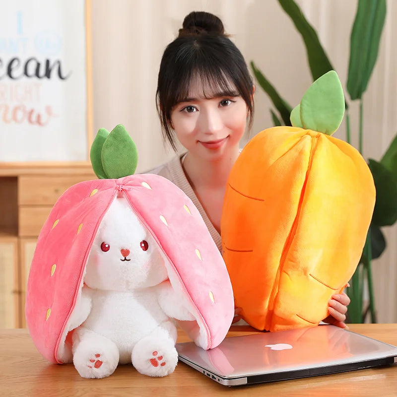 18cm Cosplay Strawberry Carrot Rabbit Plush Toy Stuffed Creative Bag into Fruit Transform Baby Cuddly Bunny Plushie Doll For Kid