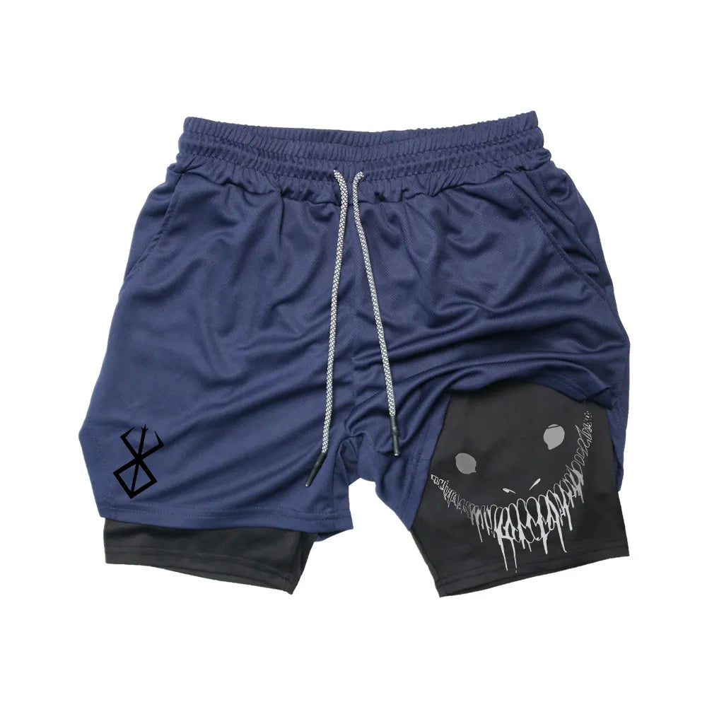 Anime Berserk Running Shorts Men Fitness Gym Training 2 in 1 Sports Shorts Quick Dry Workout Jogging Double Deck Summer