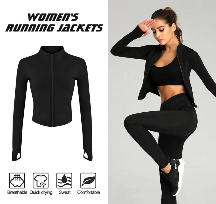 Women's Tracksuit Jacket Slim Fit Long Sleeved Fitness Coat Yoga Crop Tops With Thumb Holes Gym Jacket Workout Sweatshirts - Too-Eazy