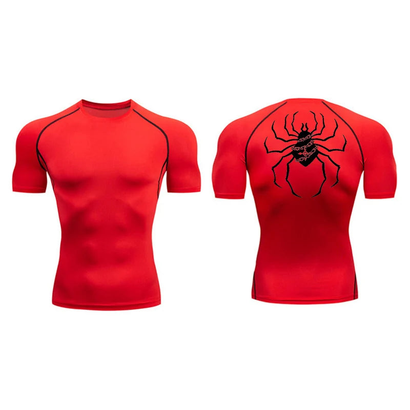 Spider Print Compression Shirts for Men Gym Workout Fitness Undershirts Short Sleeve Quick Dry Athletic T-Shirt Tops Sportswear