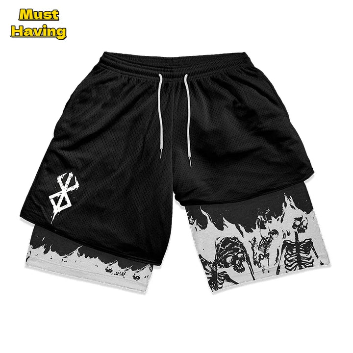 Anime Berserk 2 in 1 Gym Shorts for Men Active Athletic Compression Shorts 5 Inch Quick Dry Stretchy Training Fitness Workout