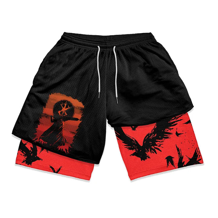 Anime Berserk 2 in 1 Gym Shorts for Men Active Athletic Compression Shorts 5 Inch Quick Dry Stretchy Training Fitness Workout