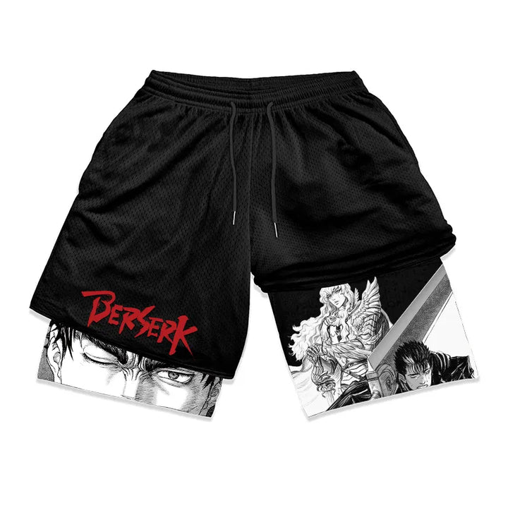 Anime Berserk 2 in 1 Gym Shorts for Men Active Athletic Compression Shorts 5 Inch Quick Dry Stretchy Training Fitness Workout