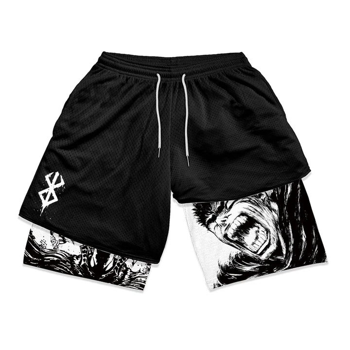 Anime Berserk 2 in 1 Gym Shorts for Men Active Athletic Compression Shorts 5 Inch Quick Dry Stretchy Training Fitness Workout