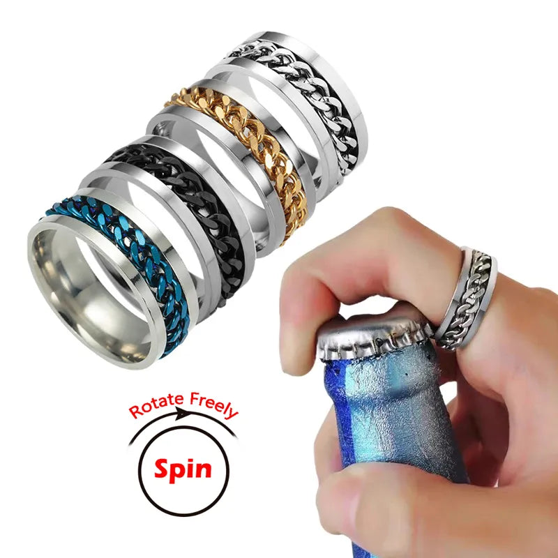 Titanium Steel Rotatable Chain Couple Ring Anxiety Multifunctional Jewelry Fashion 8mm Fidget Spinner Rings Power Sense Gifts