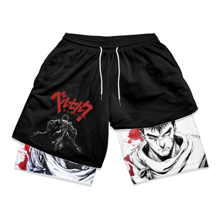 Anime Berserk 2 in 1 Gym Shorts for Men Active Athletic Compression Shorts 5 Inch Quick Dry Stretchy Training Fitness Workout