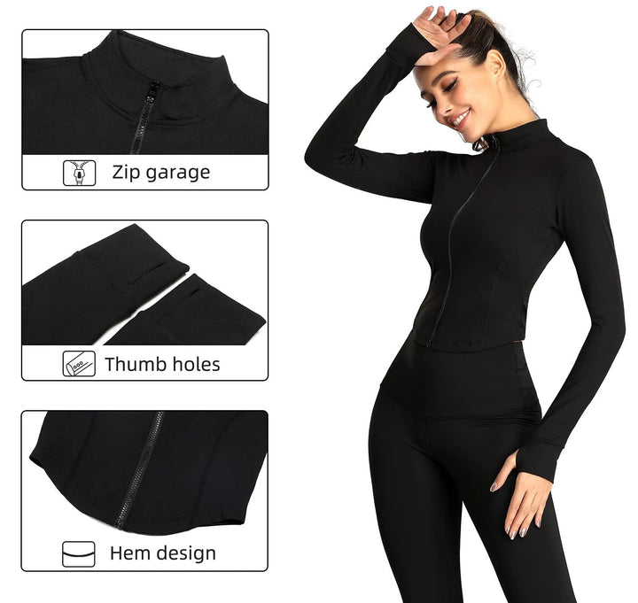 Women's Tracksuit Jacket Slim Fit Long Sleeved Fitness Coat Yoga Crop Tops With Thumb Holes Gym Jacket Workout Sweatshirts - Too-Eazy