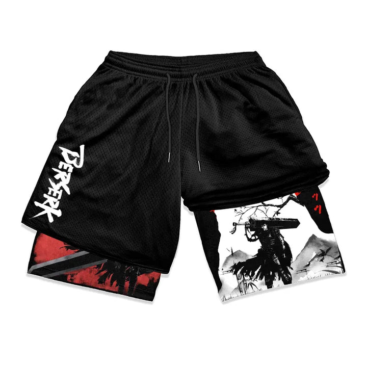 Anime Berserk 2 in 1 Gym Shorts for Men Active Athletic Compression Shorts 5 Inch Quick Dry Stretchy Training Fitness Workout