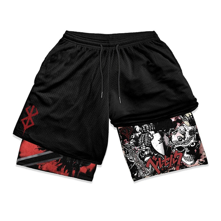 Anime Berserk 2 in 1 Gym Shorts for Men Active Athletic Compression Shorts 5 Inch Quick Dry Stretchy Training Fitness Workout