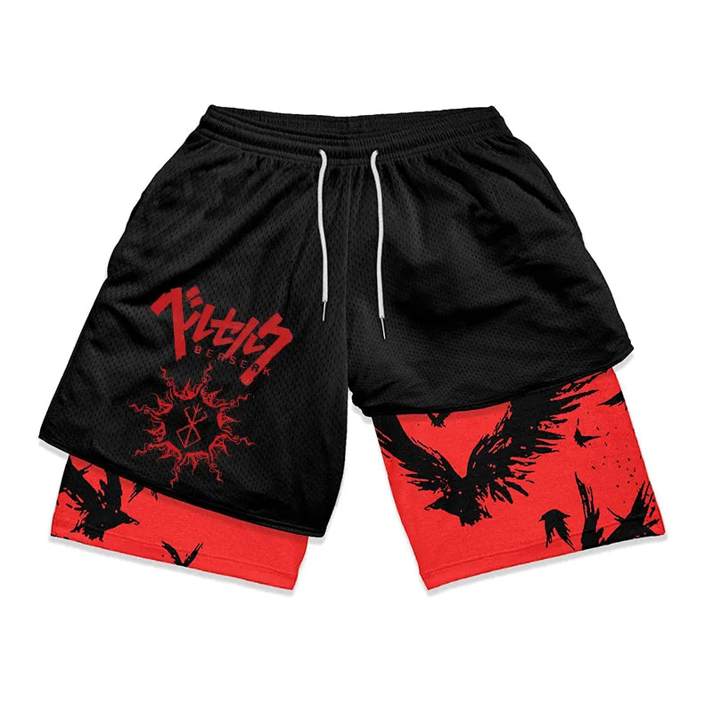 Anime Berserk 2 in 1 Gym Shorts for Men Active Athletic Compression Shorts 5 Inch Quick Dry Stretchy Training Fitness Workout