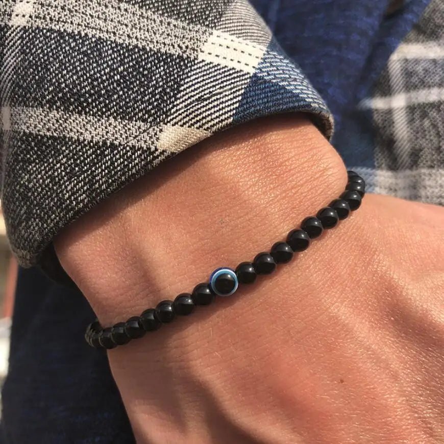 Fashion 4mm Bracelet Natural Stone Beads Evil Eye Braslet Obsidian Hematite Elastic Braclet For Men Hand Jewelry Pulseras Homme - Too-Eazy