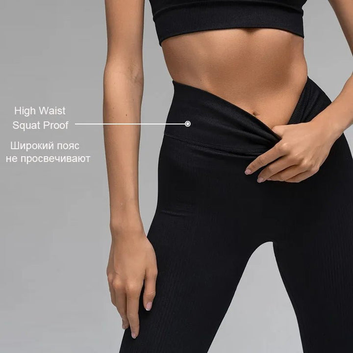 Ribbed Yoga Pants High Waisted Gym Leggings Sport Women Fitness Seamless Female Legging Tummy Control Running Training Tights - Too-Eazy