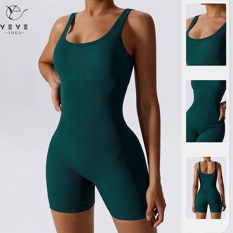 Women's Yoga Rompers One Piece Tummy Control Seamless Ribbed Jumpsuit Padded Sports Bra Romper Fashion Fitness Sportwear - Too-Eazy